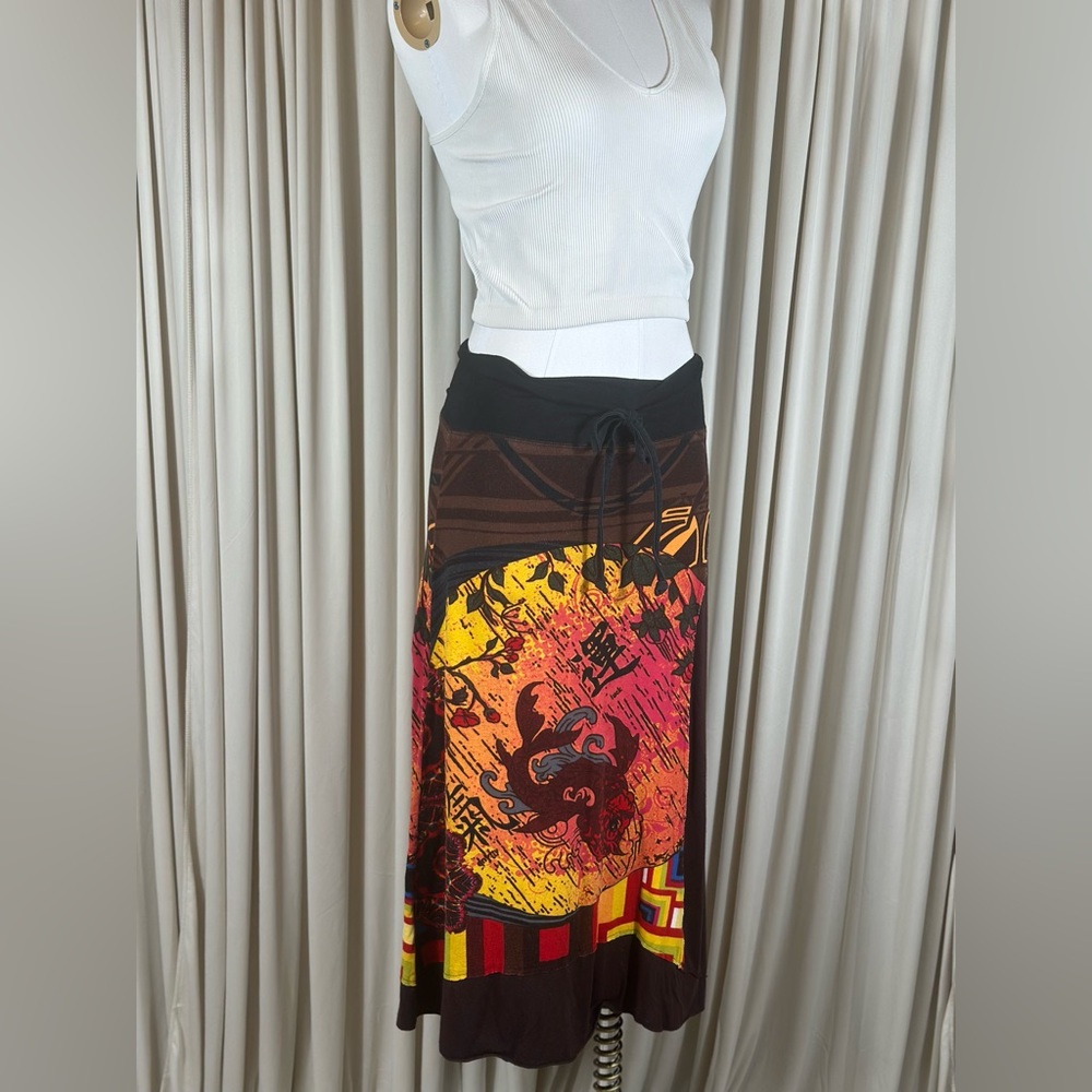 Luna Claire Red, Yellow & Black Graphic Midi Skirt, Size Small